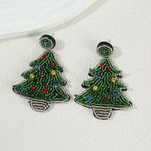 Beaded Rhinestone Christmas Tree Stud Earrings In Green And Silver
