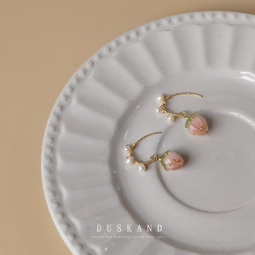Gold Tone White Pearl Arc And Pink Rosebud Drop Earrings