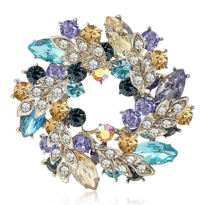 Multicolor rhinestone wreath brooch front with purple aqua amber crystals