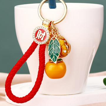 Persimmon Peanut and Leaf Charm Keychain with Braided Wrist Loop