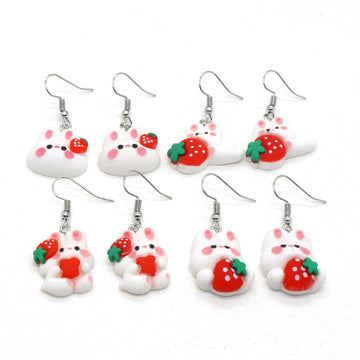 White Bunny Strawberry and Heart Polymer Clay Hook Earrings
