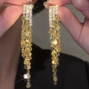 Long Sequin Tassel Drop Earrings, Brass, Gold or Silver Tone