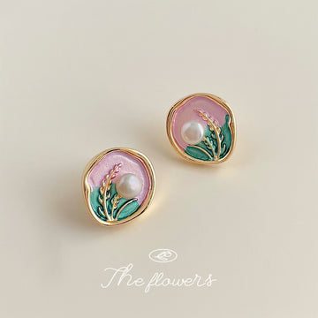 Pink Green Enamel Pearl Wheat Stud Earrings Gold Rim