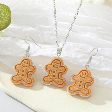 Silver Tone Gingerbread Figure Pendant Necklace and Hook Earrings