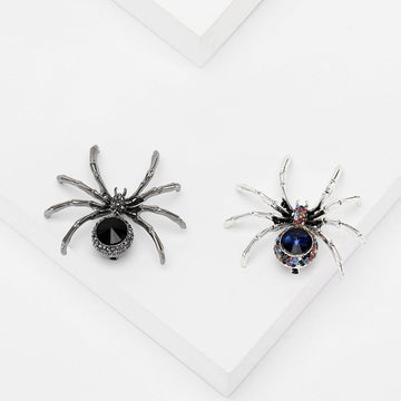 Silver Tone Crystal Spider Brooch in Black and Blue