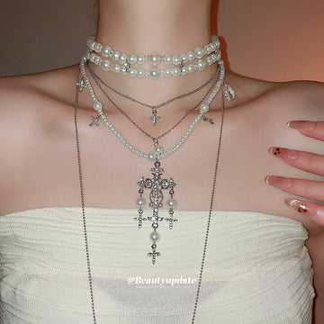 Layered Pearl and Crystal Cross Pendant Necklaces Jewelry Accessory