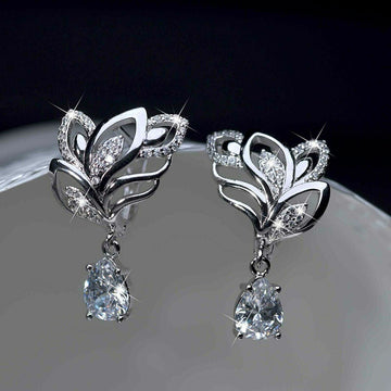 White Gold Openwork Leaf Flower Teardrop CZ Drop Earrings