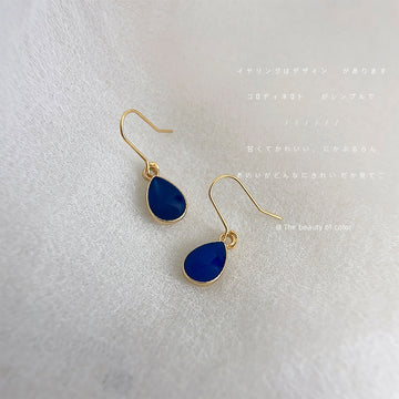 Gold Dark Blue Faceted Teardrop Hook Dangle Earrings