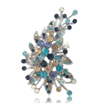 Blue or Purple Crystal Leaf Spray Brooch with Pearl Drops