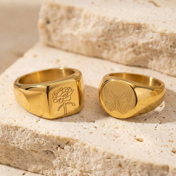 Gold Butterfly And Peony Engraved Signet Rings Sizes