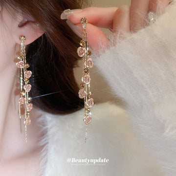 Floral Crystal Chain Drop Earrings in Purple or Champagne