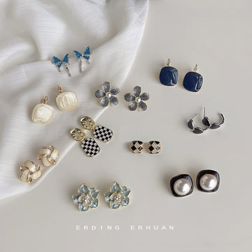 Enamel Stud Earring Collection Flower Butterfly Checker
