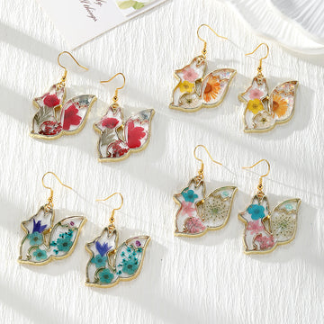 Gold Tone Fox Silhouette Pressed Flower Drop Earrings in Four Designs