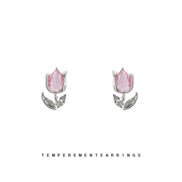 Silver Crystal Tulip Stud Earrings Pink And Blue Colors