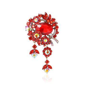 Large Crystal Floral Cluster Brooch With Two Dangling Drops