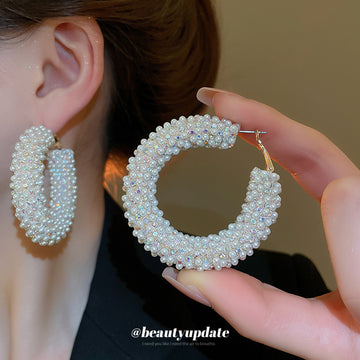 White Pearl Beaded Statement Hoop Earrings Statement Pair