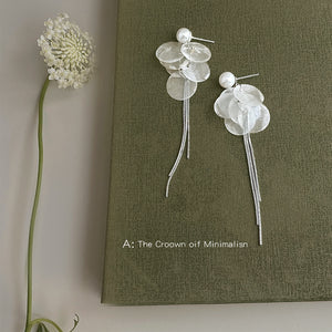 Silver Tone Pearl And Translucent Disc Long Chain Tassel Earrings