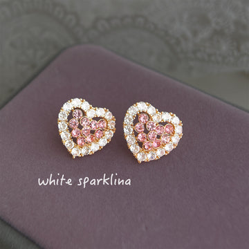 Pink Crystal Heart Stud Earrings Clear Halo Gold Tone
