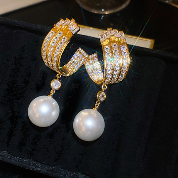 Crystal Geometric Hoop Pearl Drop Earrings Statement Jewelry
