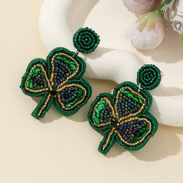 Green Sequin Seed Bead Shamrock Clover Dangle Earrings Pair