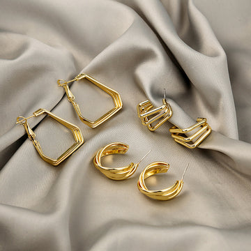 Polished Gold Triple Layer Open C Hoop Stud Earrings