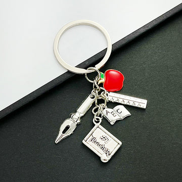 Antique Silver School Pen Ruler Book and Red Apple Charm Keychain
