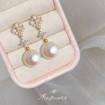 Gold Tone Clear Stone Floral Cluster Pearl Drop Stud Earrings