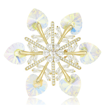 Gold Tone AB Crystal Heart Snowflake Rhinestone Brooch