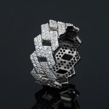Silver Angular Cuban Link Pavé Finger Ring Sizes 6-10