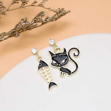Mismatched Black Cat and Fishbone Gold Tone Dangle Earrings