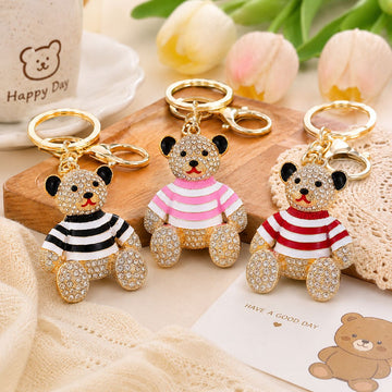 Rhinestone Striped Sweater Bear Keychain Gold Metal Charm
