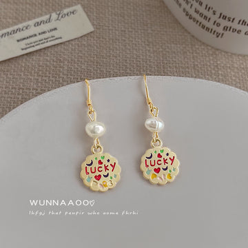 Gold Tone Lucky Enamel Tag Pearl Hook Drop Earrings