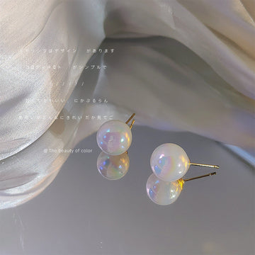 Large Iridescent White Ball Pearl Stud Earrings Pair