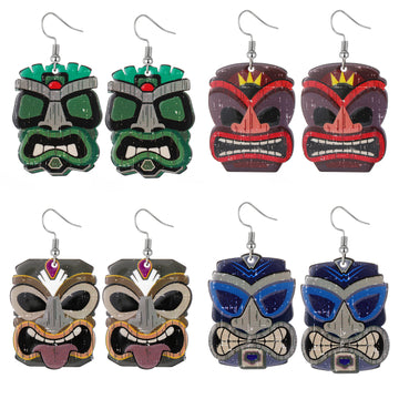 Silver Tone Printed Acrylic Large Face Mask Hook Earrings in Four Colors