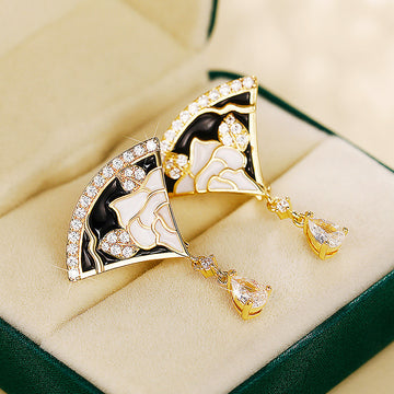 Gold Tone Black White Floral Fan Drop Earrings