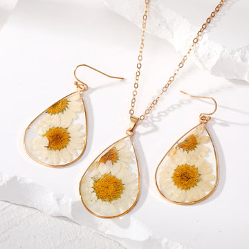Gold Tone Teardrop Pressed Daisy Resin Necklace and Earring Options