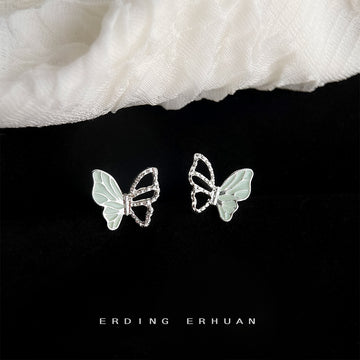 Silver Butterfly Stud Earrings Mint Enamel Crystal Wing