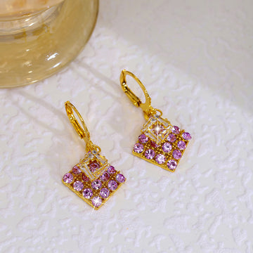 Pink Crystal Look Square Gold Tone Huggie Earrings