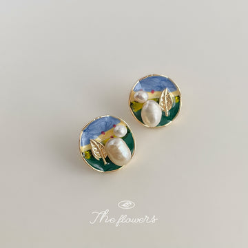 Gold Round Enamel Landscape Stud Earrings Pearl Leaf Accents