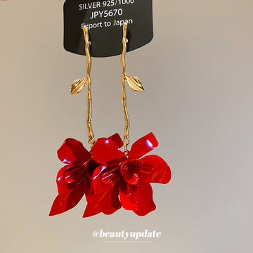 Red Layered Flower Drop Earrings in Gold Tone Statement Jewelry