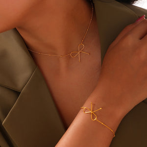 Open Wire Bow Pendant Necklace Bracelet Gold Rose Steel