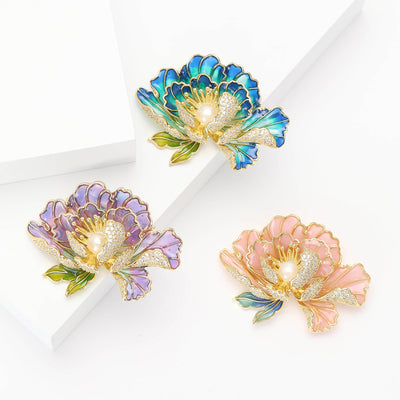 Enamel Peony Brooch shown alone on a light background