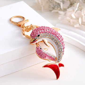 Rhinestone Mother Baby Dolphin Keychain Metal Ocean Charm