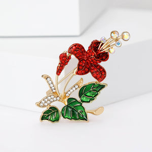 Red Crystal Flower Brooch with Green Enamel Leaves, Gold-Tone