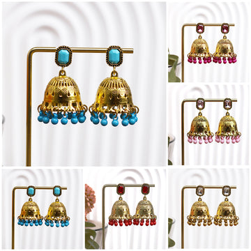 Five Color Gold Tone Beaded Jhumka Bell Dangle Earrings