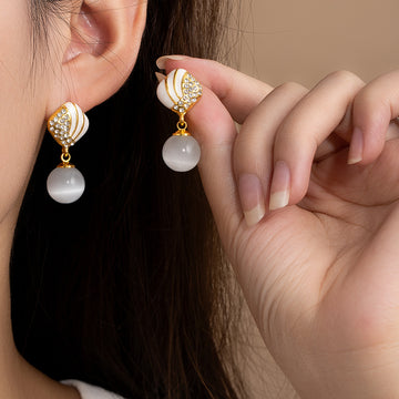 White Round Drop Crystal Look Shell Top Dangle Earrings
