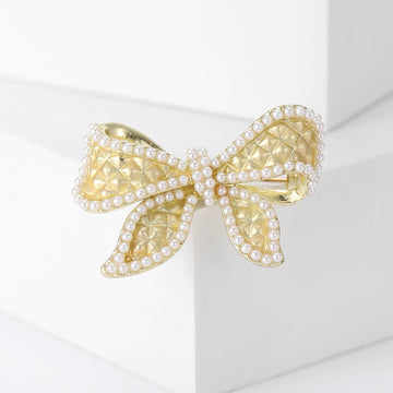 Gold Tone Bow Brooch with Crystal Mesh and Pearl Trim