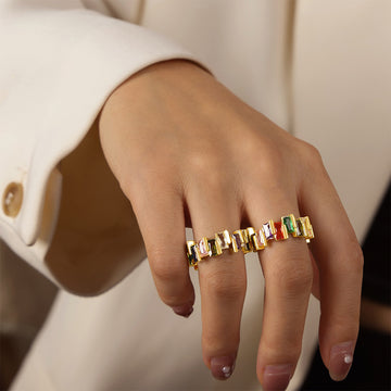 Gold Geometric Open Ring Multicolor Baguette Zircon Band