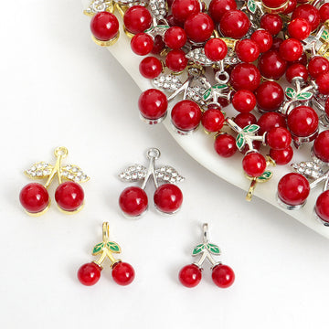 Tiny Red Cherry Enamel Metal Jewelry Charms, 4 Designs