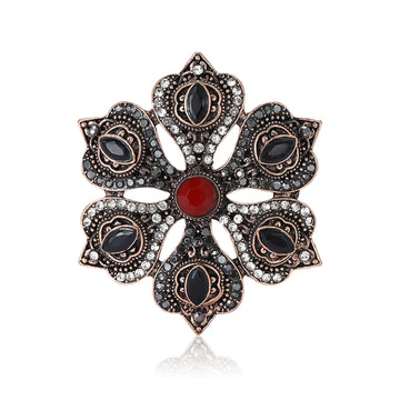 Antique Tone Floral Medallion Brooch with Red Center